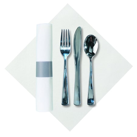 Caterwrap 8" x 8.5" Pre-Rolled White Dinner Napkins with Metallic Cutlery PK 100 PK 119956